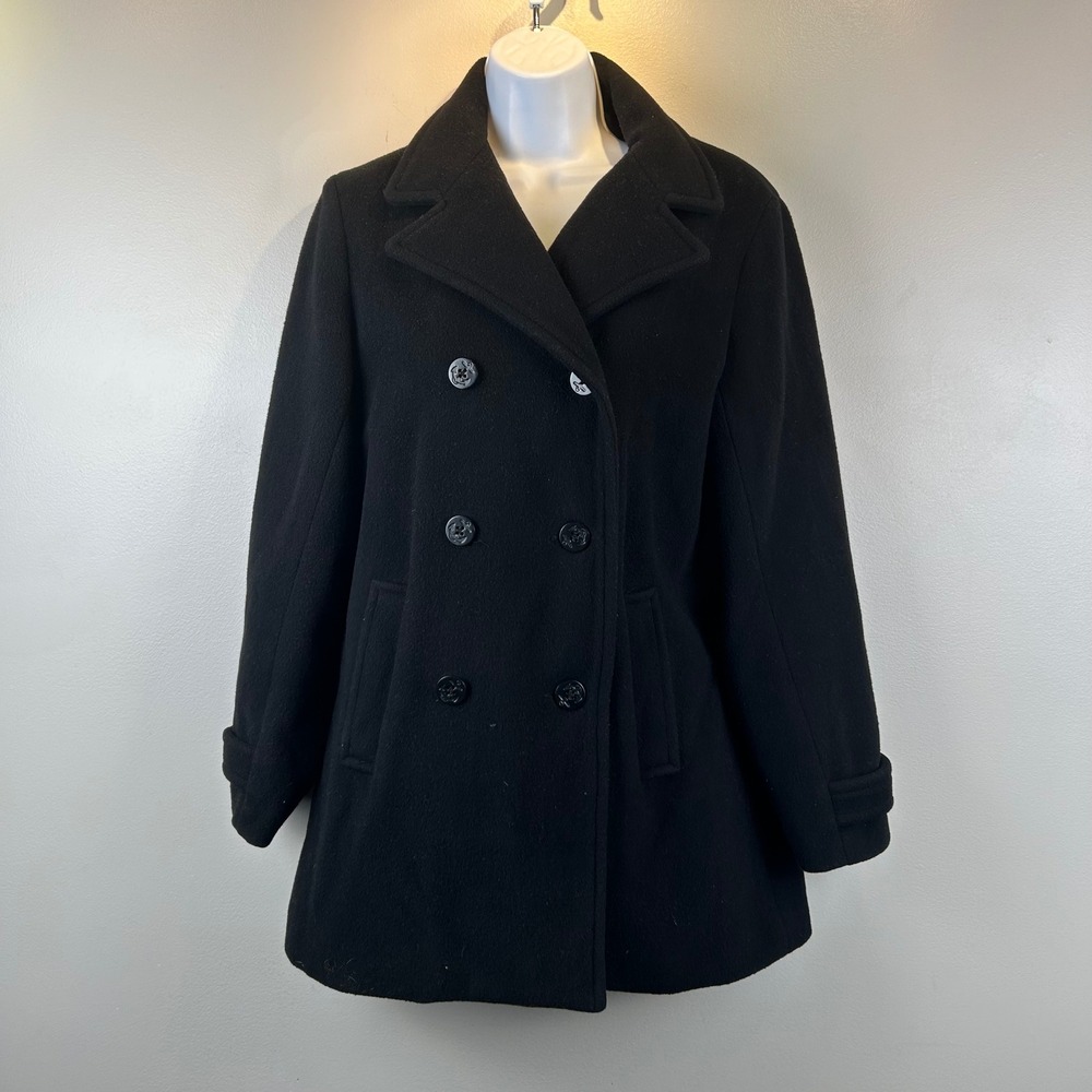 Eddie Bauer Black Wool Cashmere Blend Double Breasted Pea Coat Womens Small USA